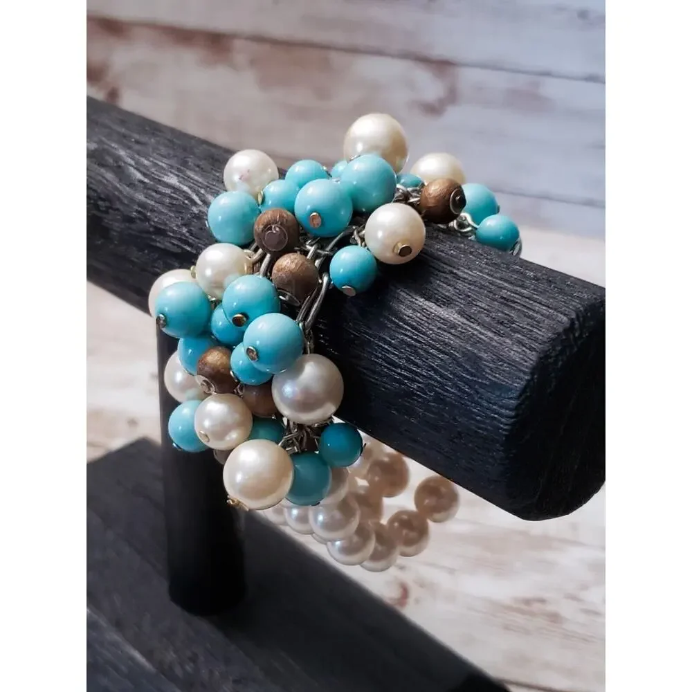 Vintage Bracelet / Bangle - Faux Pearl and Blue & Brown Tones